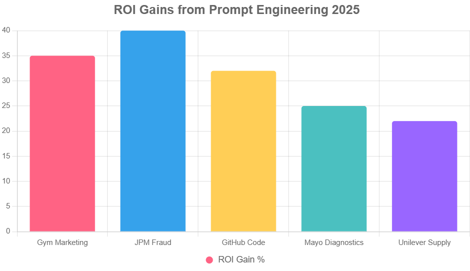 Colorful bars showing 2025 prompt engineering ROI, peaking at 40% for BFSI.