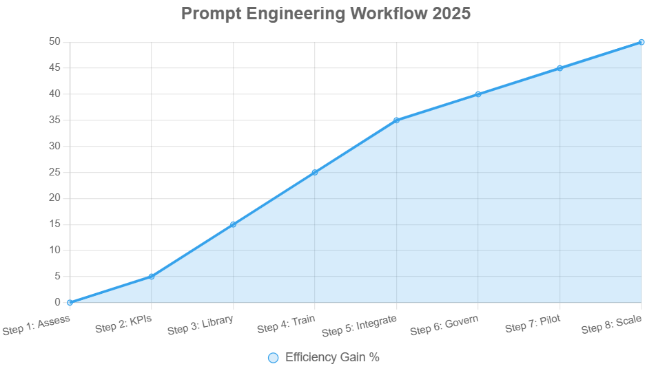 Alt text: Blue line graph showing 50% efficiency peak in 2025 prompt workflow.