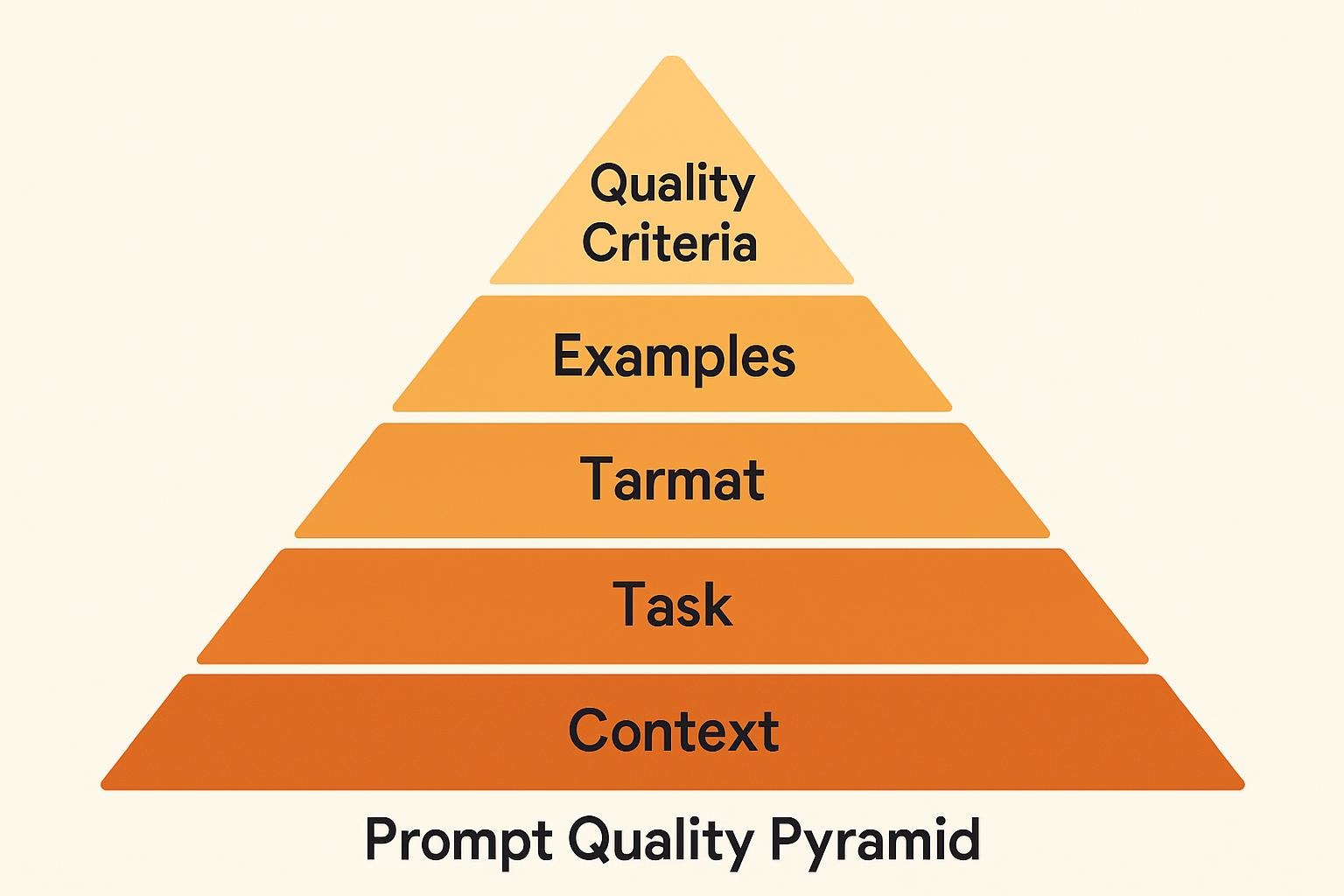 Hierarchical diagram showing six essential components of effective AI prompts, arranged from foundational to refinement elements