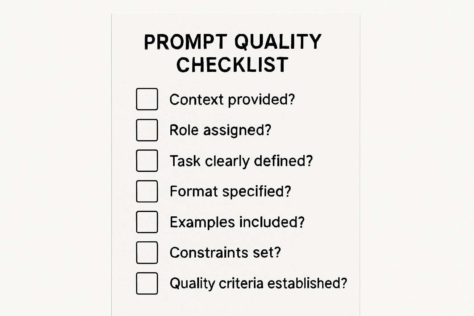 One-page checklist for evaluating AI prompt completeness before submission, with seven essential quality checkpoints