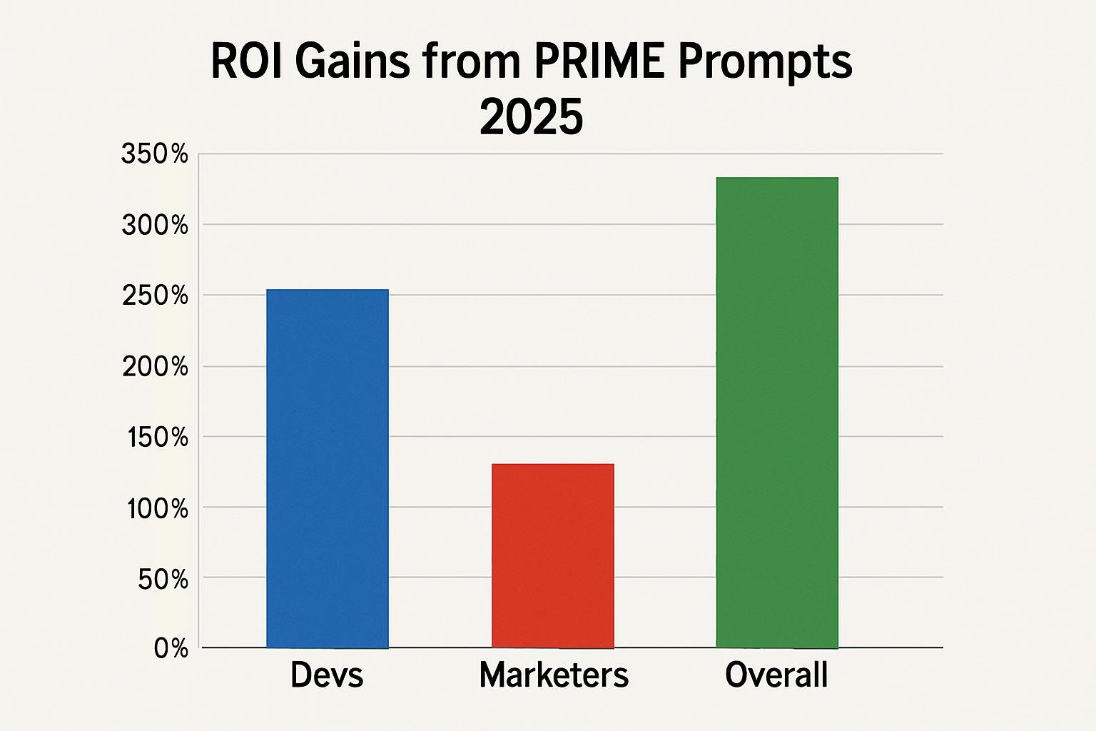Vertical bar chart comparing ROI percentages across developer, marketer, executive, and SMB cases using the PRIME formula in 2025, with data labels for accessibility.