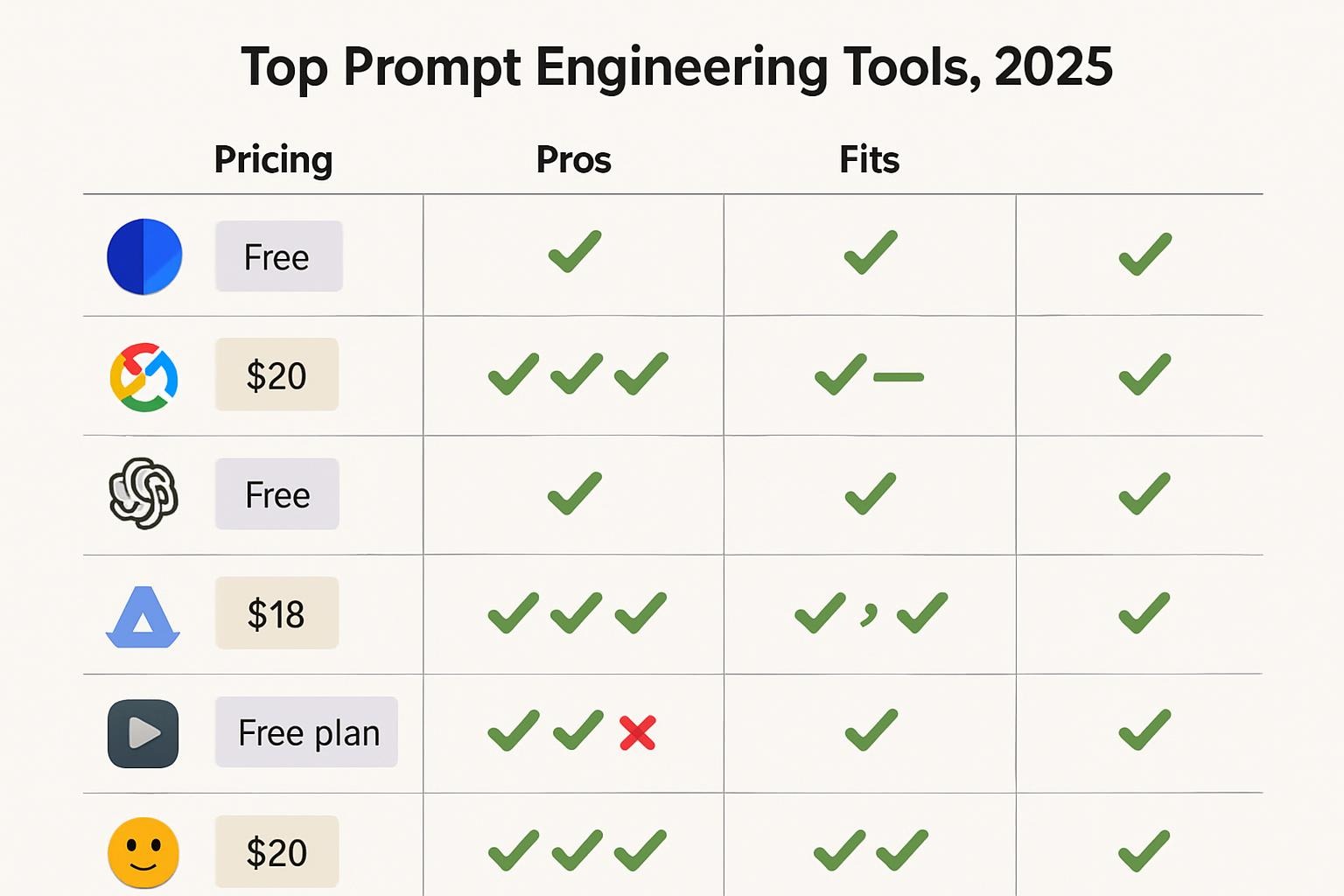 Infographic table comparing 2025 prompt tools by price, features, and audience, SEO-optimized with icons.