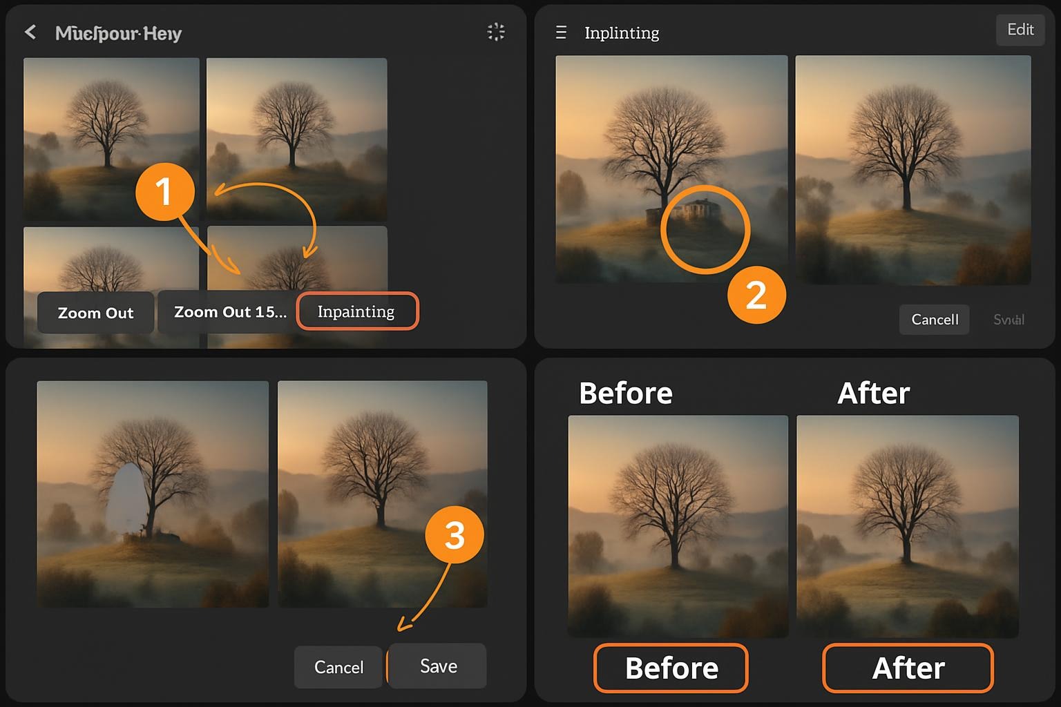Screenshots of the Midjourney web interface with annotated steps and before/after examples of inpainting
