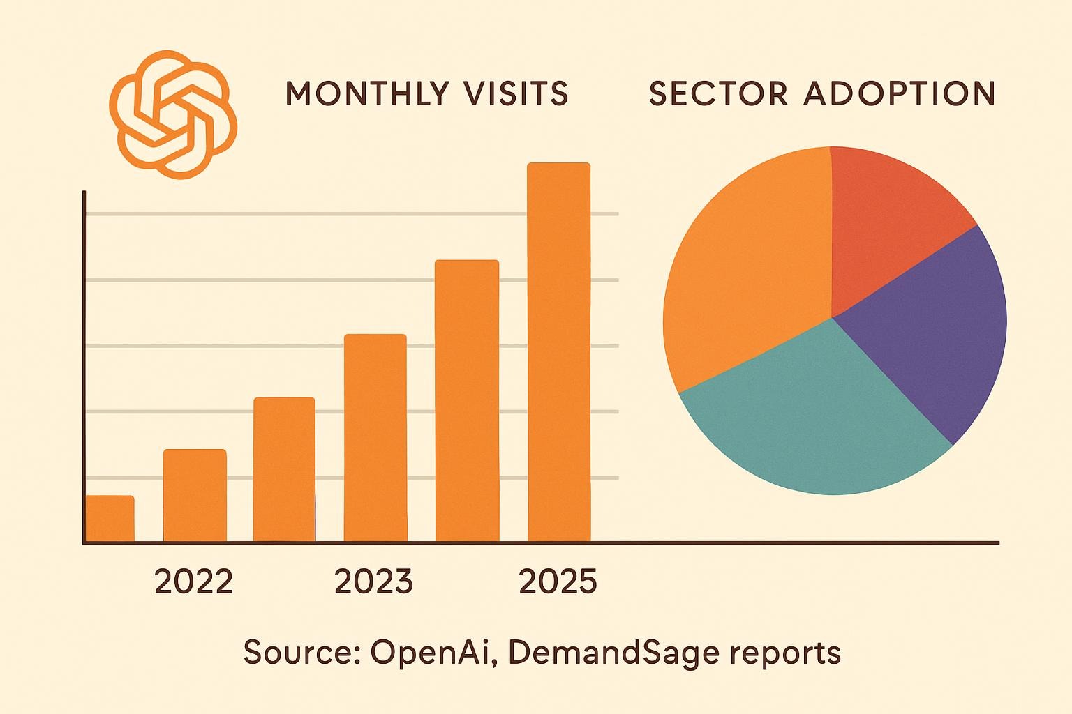 Infographic showing a timeline of ChatGPT user growth from 2022 to 2025, with bars for monthly visits and a pie chart for sector adoption. Source data from OpenAI and DemandSage reports