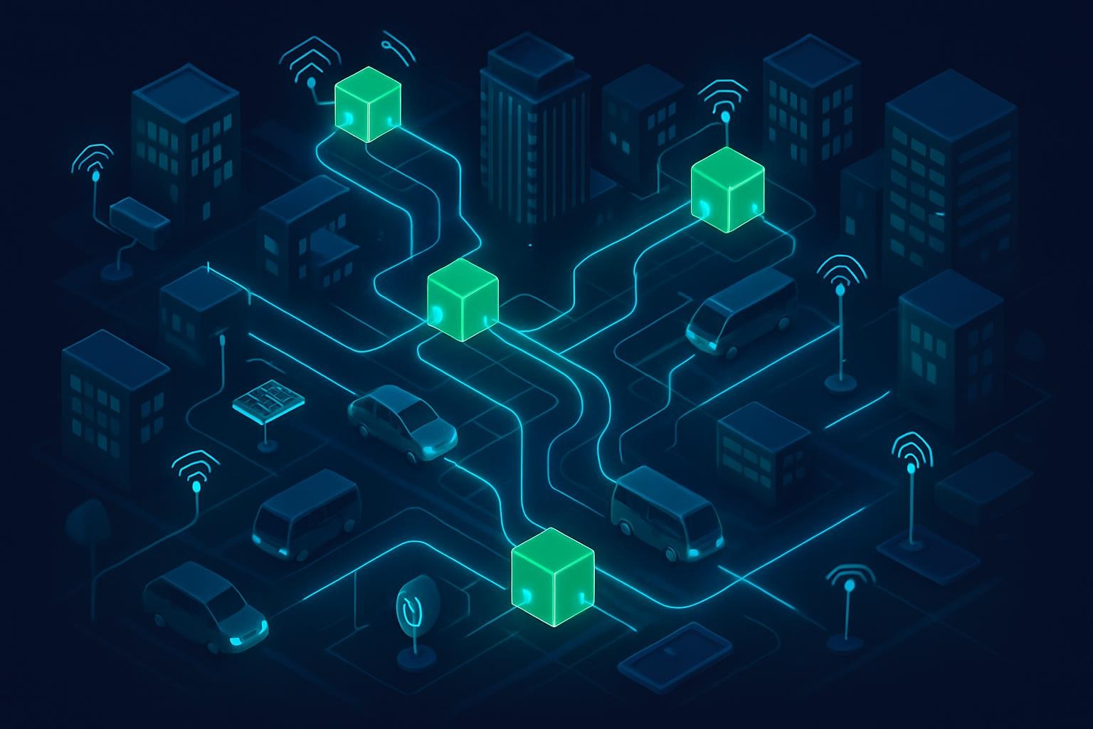 AI-orchestrated IoT network in smart city — isometric view of connected sensors, vehicles, and buildings with glowing data flows, highlighting edge nodes in green, inspired by MIT Media Lab visualizations