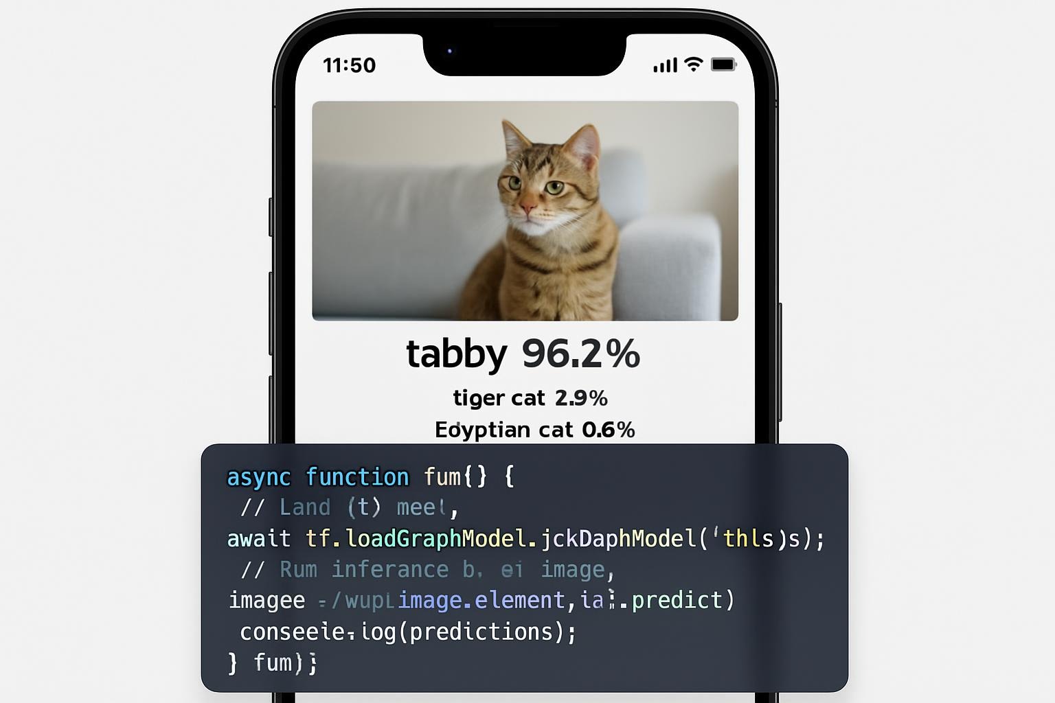 screenshot mockup: WASM ML model running on edge device—simulated mobile screen showing inference results for image classification, with code snippet overlay from TensorFlow.js example