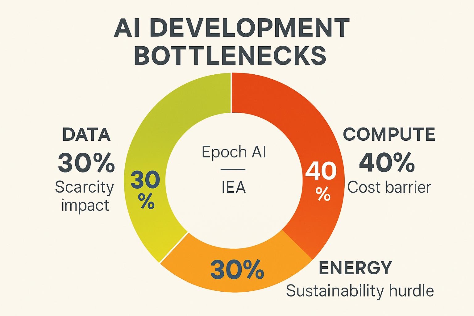 infographic: AI development bottlenecks—circular diagram with segments for data (30% scarcity impact), compute (40% cost barrier), and energy (30% sustainability hurdle), annotated with stats from Epoch AI and IEA, using a color-coded risk scale from green to red