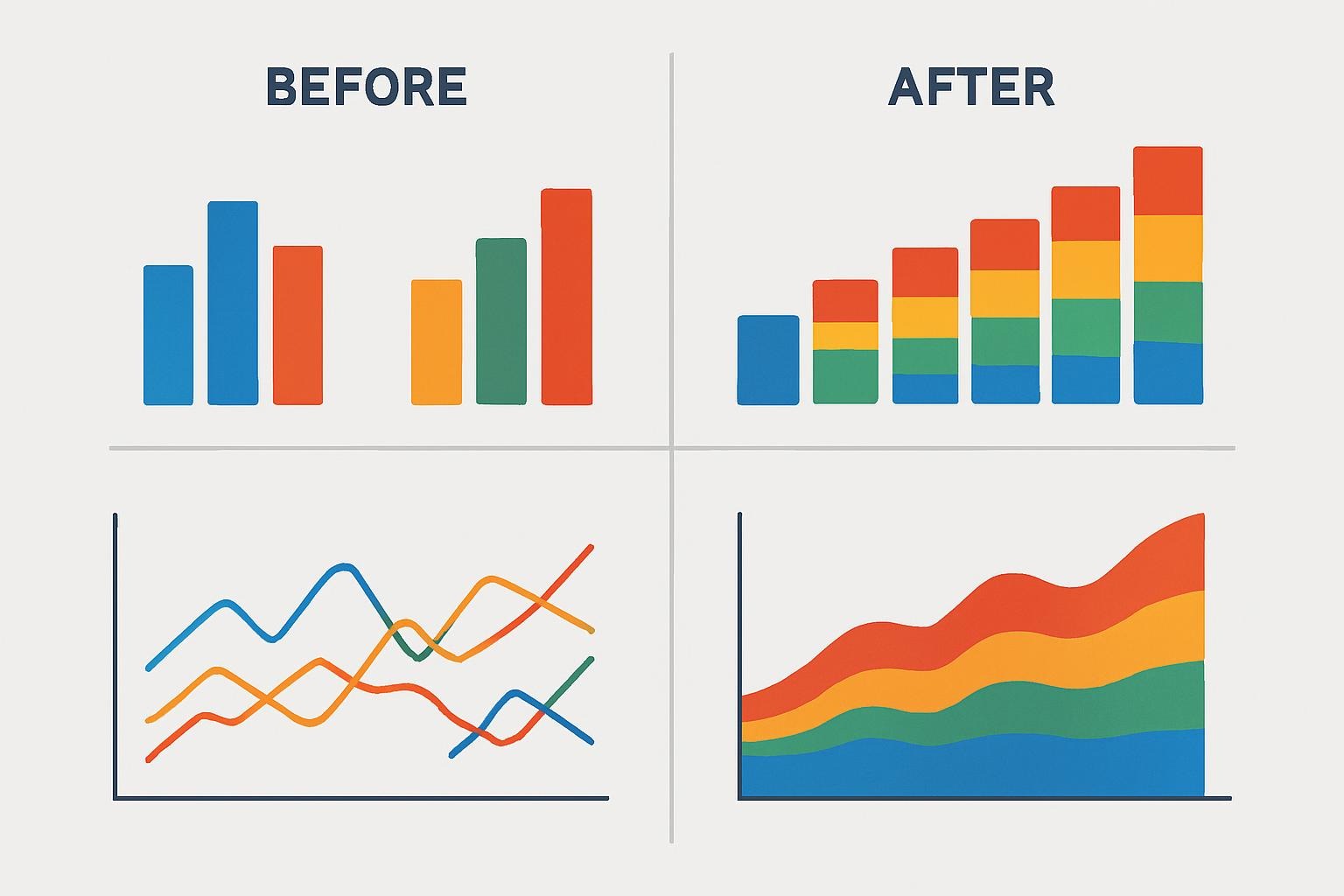 Infographic with before/after charts for each case