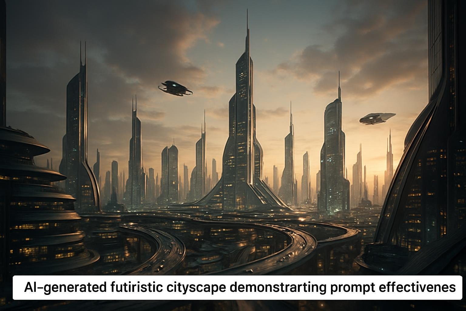 Screenshot of a Midjourney output for a sample prompt, with alt text: "AI-generated futuristic cityscape demonstrating prompt effectiveness