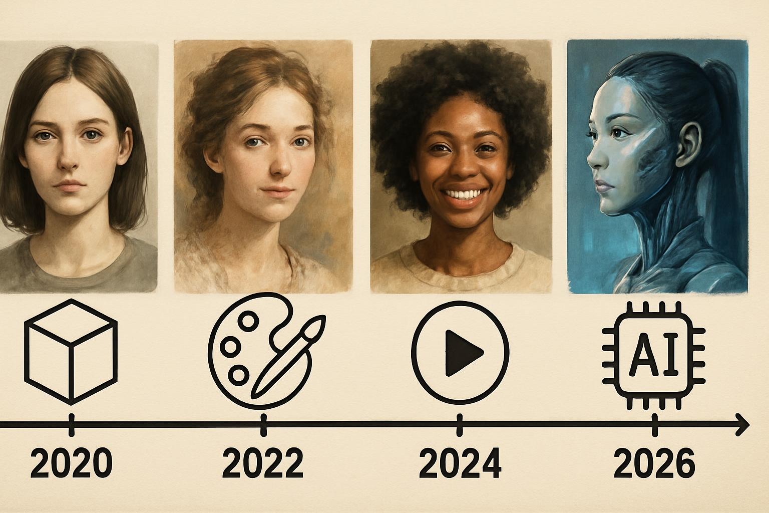 timeline of AI image evolution from 2020 to 2026, with icons for each trend (e.g., a 3D cube for rendering and a video play button for motion).