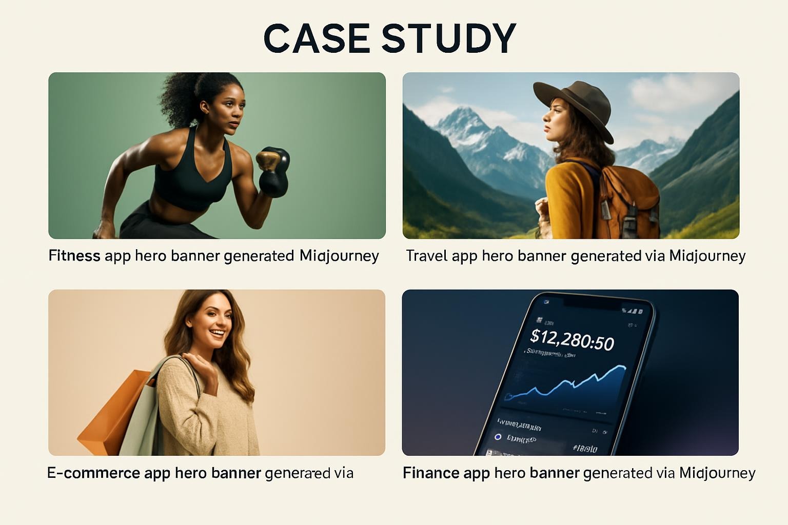 Gallery of case study images, with captions like "Fitness app hero banner generated via Midjourney.