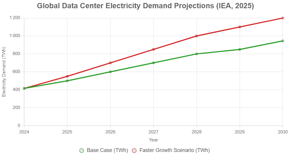 The line chart illustrates how the base case data center demand is expected to rise to 945 TWh by 2030, with a faster growth potential up to 1200 TWh