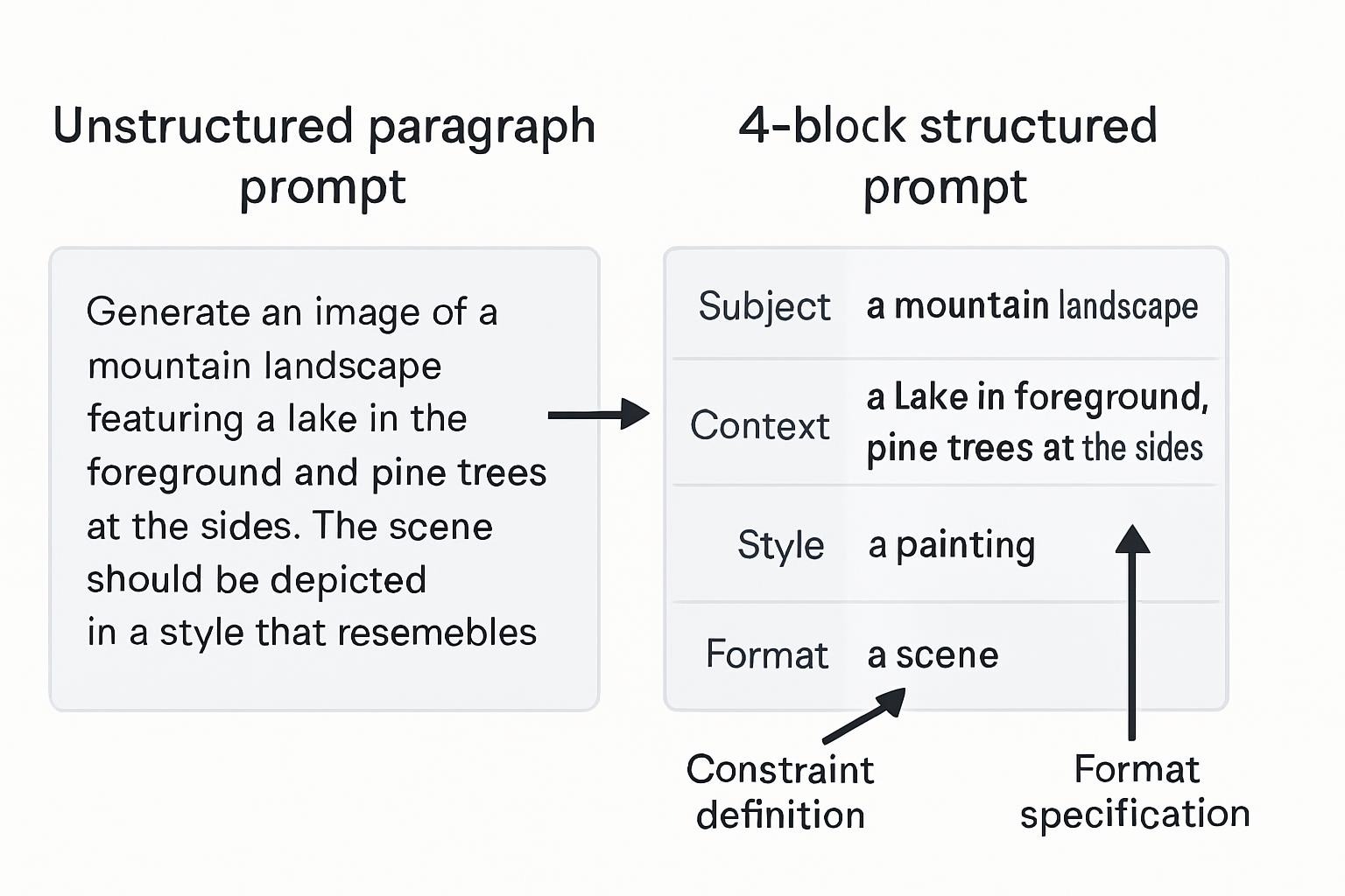 Side-by-side comparison showing unstructured paragraph prompt (left) versus 4-block structured prompt (right), with arrows pointing to specific improvements in clarity, constraint definition, and format specification.