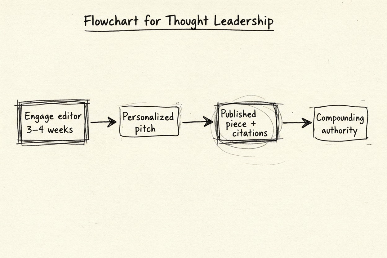 Hand-drawn flowchart of rapport-first guest posting strategy for AI experts, emphasizing relationships over volume in 2026.